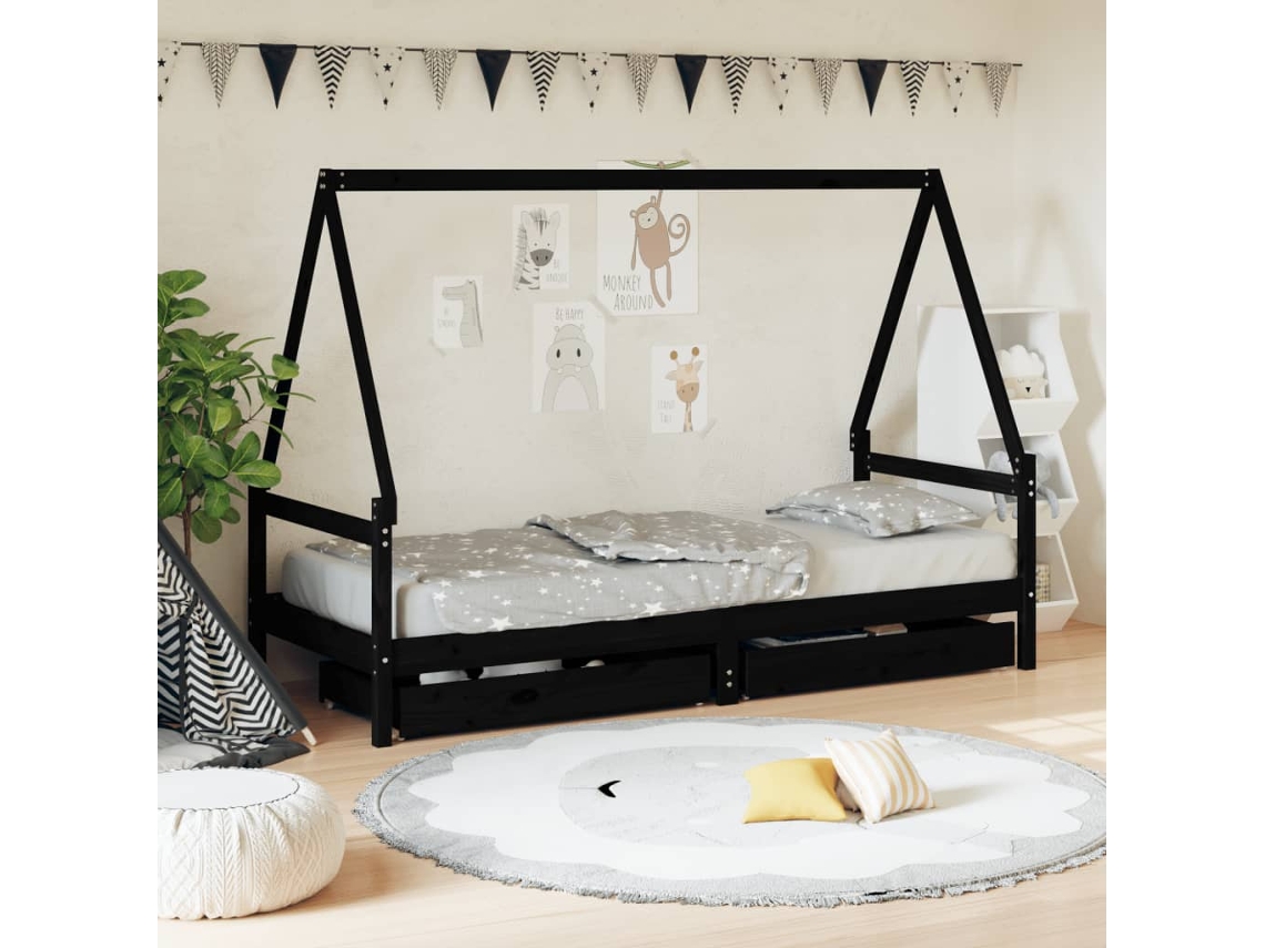 Vidaxl Estrutura Cama Infantil C/ Gavetas 80x200cm Pinho Maciço Preto