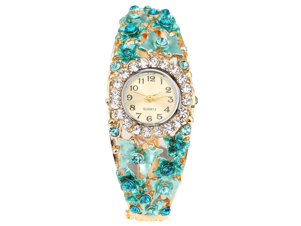 Relógio de Pulso Feminino Elegante com Strass e Padrão Floral de Liga de Quartzo