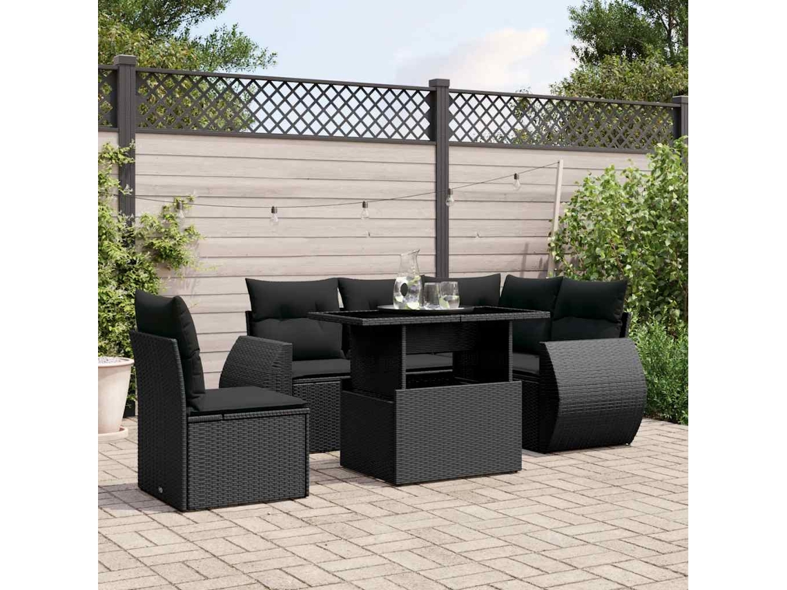 Vidaxl 6 Pcs Conjunto Sofás De Jardim C/ Almofadões Vime Pe Preto