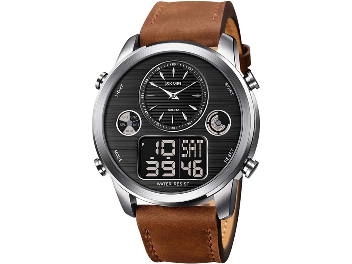 Lurelia Relógio Digital Desportivo, Analógico, Visor Digital, Led, Data/calendário, Duplo Fuso/mostrador, Couro, Resistente À Água 50m, Dourado