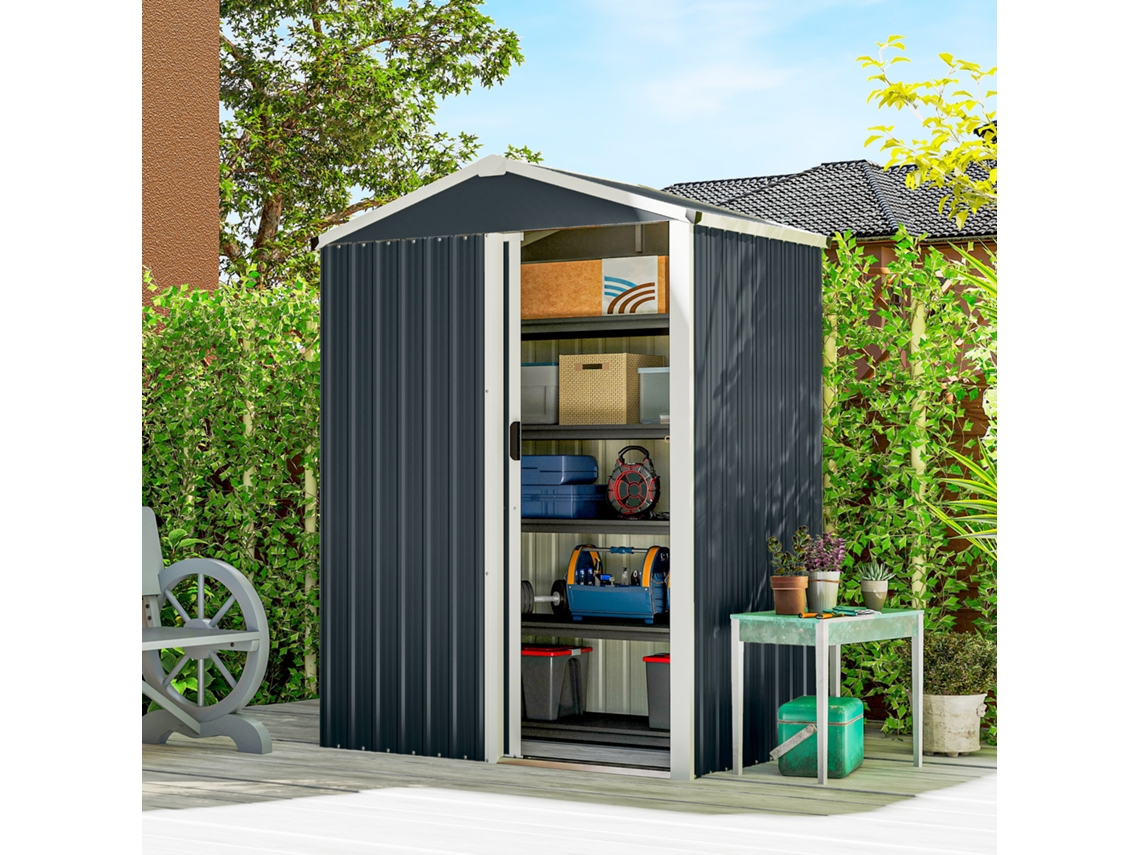Abrigo de Jardim em Metal 1,2 M², Cabana de Jardim Exterior, Porta Deslizante Trancável e Luvas, 136x87x179cm, Cinza