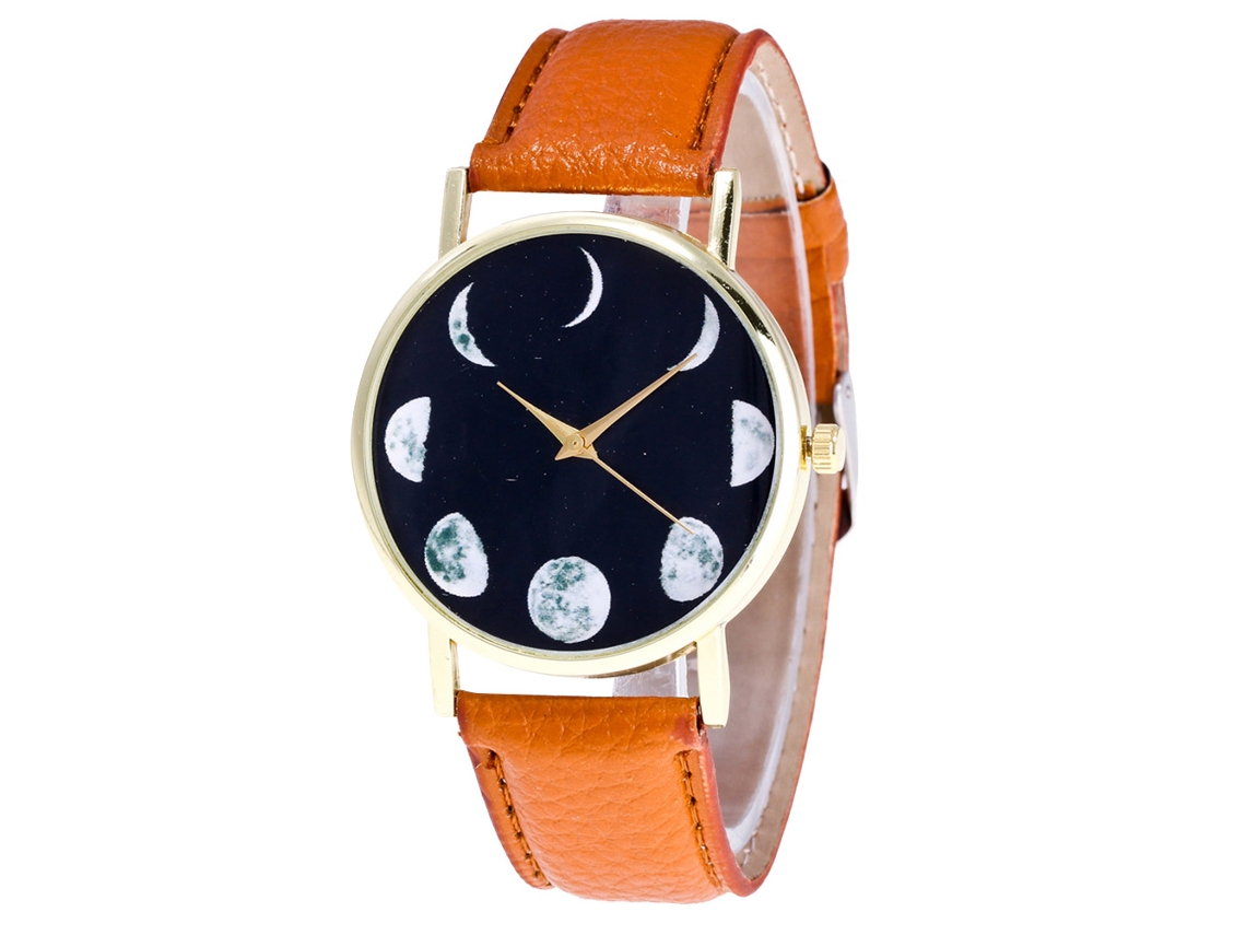Relógio de quartzo com pulseira de couro PU para casais, mostrador marrom casual e simples.