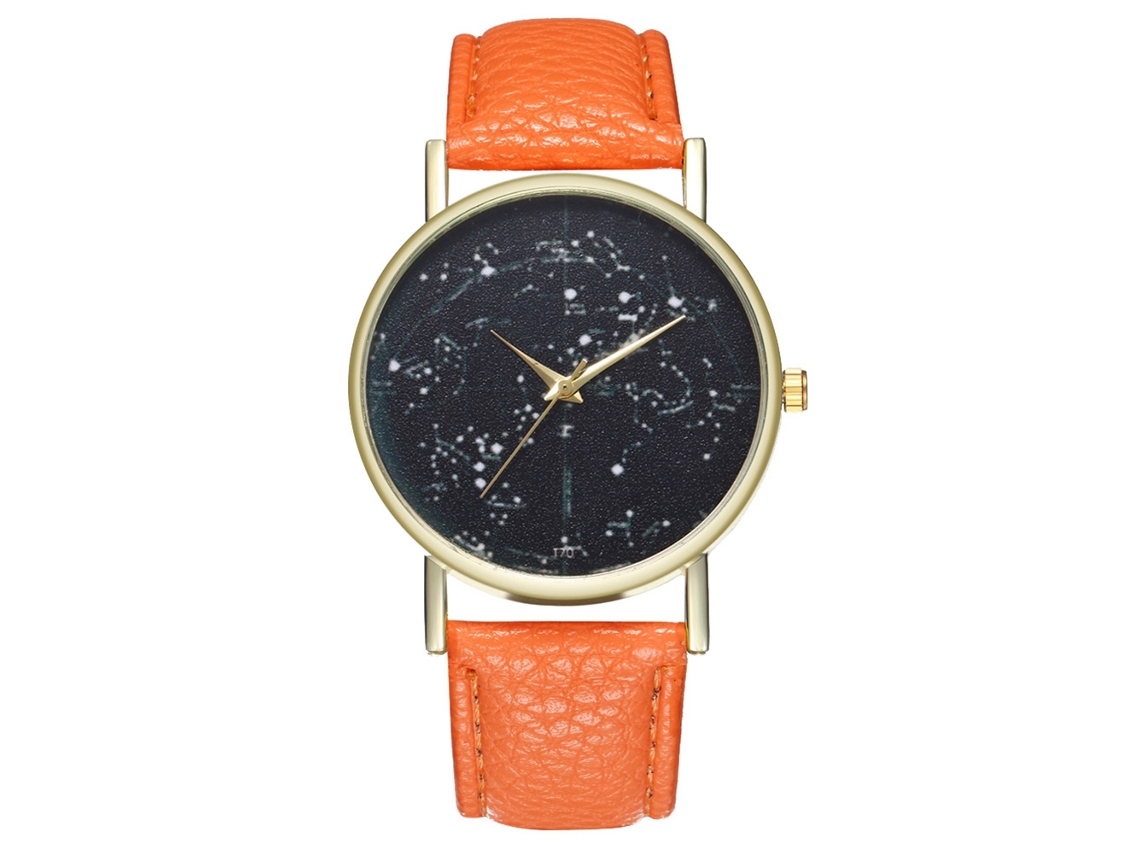 Relógio de pulso de quartzo com pulseira de couro PU para mulheres e homens, mostrador redondo laranja.