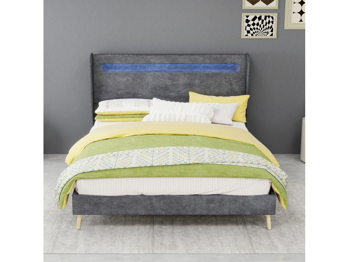 Cama Estofada Minimalista 140x200 Cm Cinza Com Cabeceira Led, Base Baixa Sem Arrumação (sem Colchão)