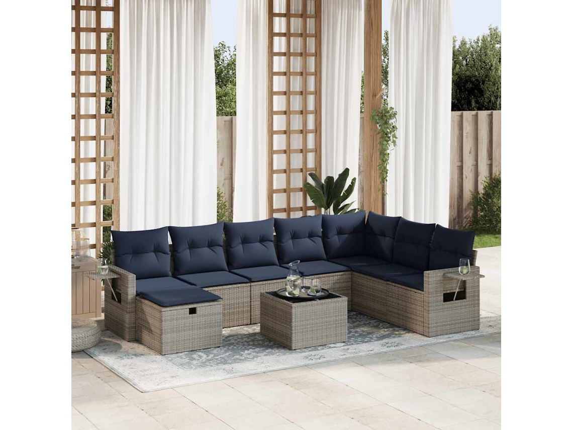Vidaxl 9 Pcs Conjunto Sofás P/ Jardim Com Almofadões Vime Pe Cinzento