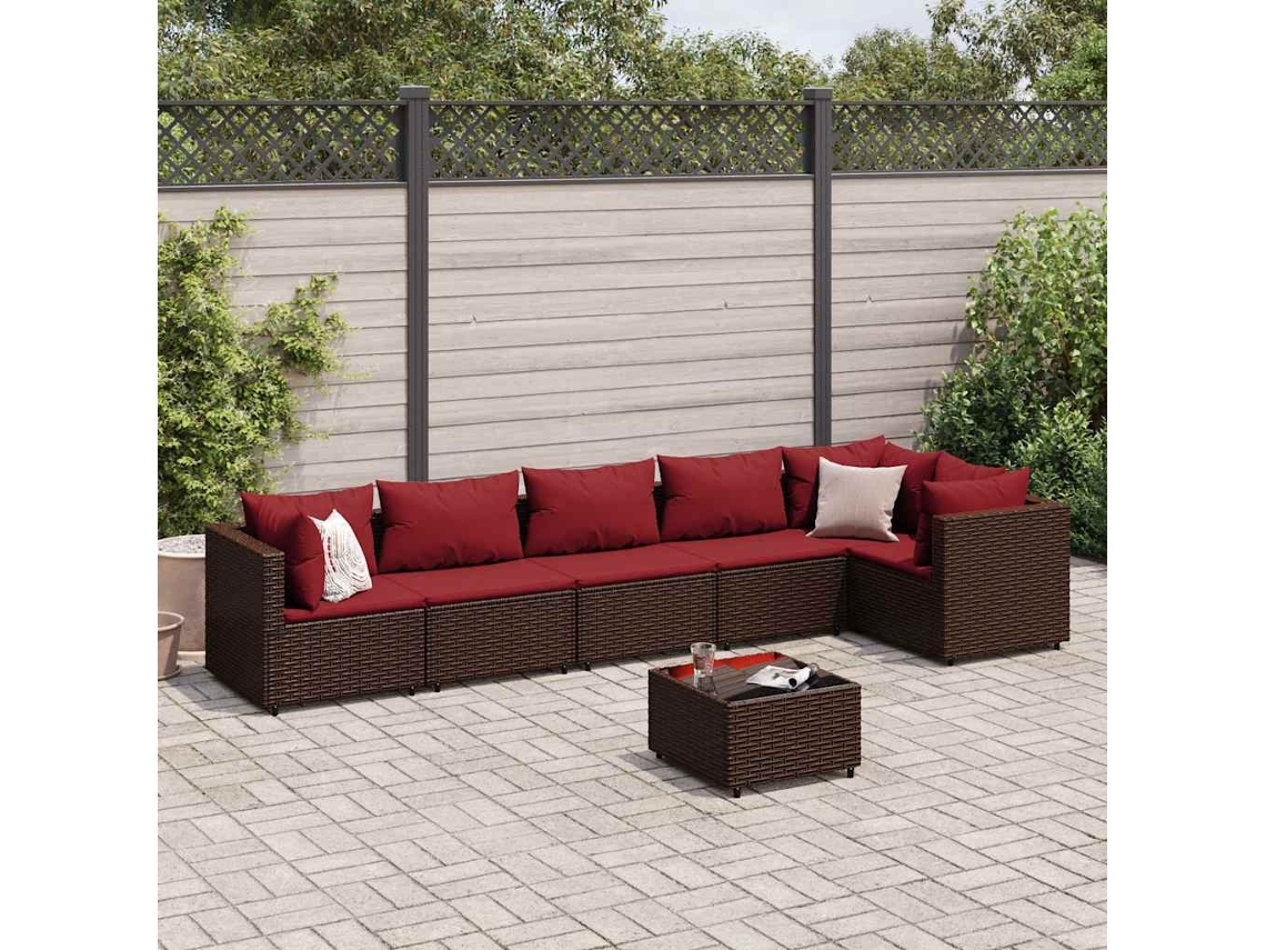 Conjunto 7 Peças Lounge De Jardim C/ Almofadões Vime Pe Castanho Dkd Home Decor