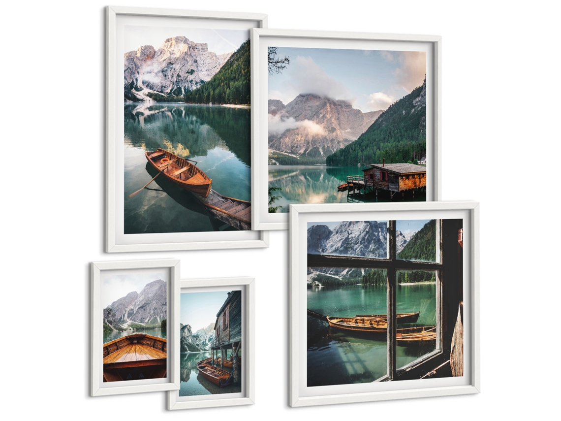 Pinturas Murais Modernas Lago De Montanha, Barcos, Janela Moldura Branca Pinturas De Quarto Espelharte (conjunto De 5 Imagens)