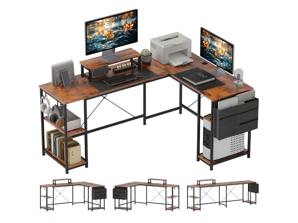 Mesa De Escritório Em L Com Armazenamento, Prateleiras Reguláveis E Suporte De Monitor, Cor Marrom Bga Store
