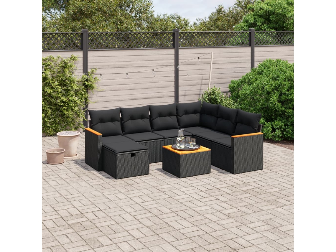 Vidaxl 8 Pcs Conjunto Sofás de Jardim com Almofadões Vime Pe Preto