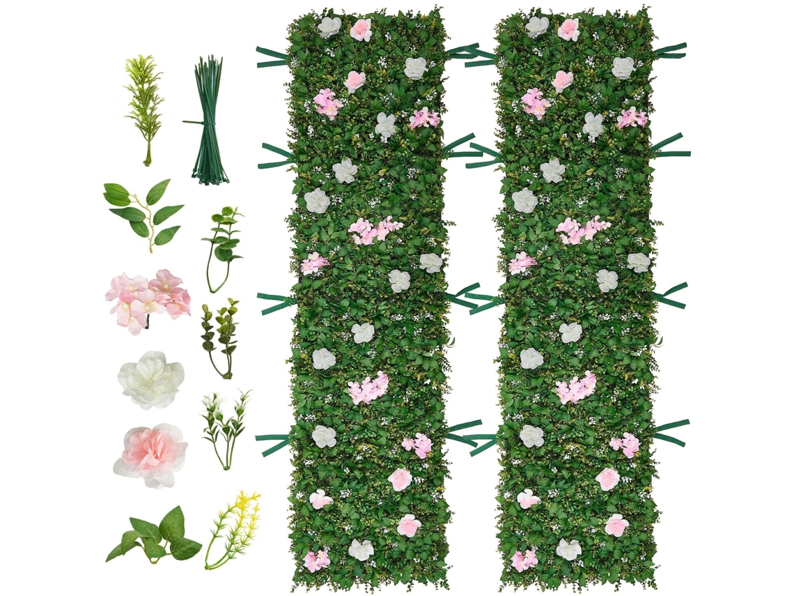 Jardim Vertical Artificial 61 X 243,8 Cm, Painel Decorativo de Parede 2 Unidades, Folhas Verdes e Flores Rosadas Brancas, Planta Decoração para