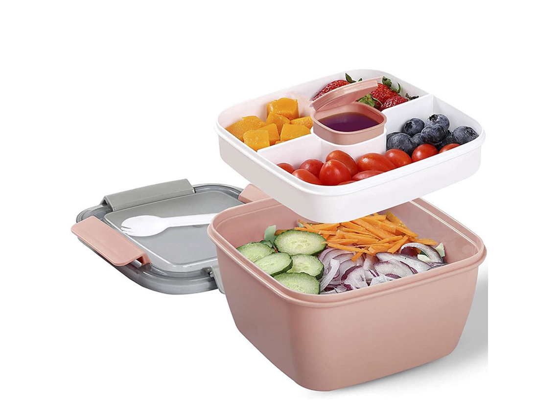 Caixa Salada Almoço - Recipiente Portátil Refeições - Com Garfo E Caixa Molho - Plástico - Rosa