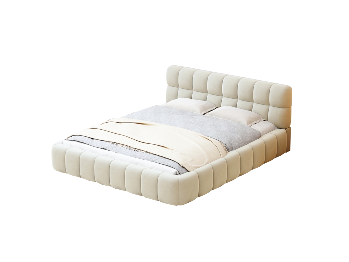 Cama De Casal Adulta 140x200 Cm Com Cabeceira Estofada Com Folhos, Estrado De Ripas, Design Moderno, Linho, Bege, Sem Colchão