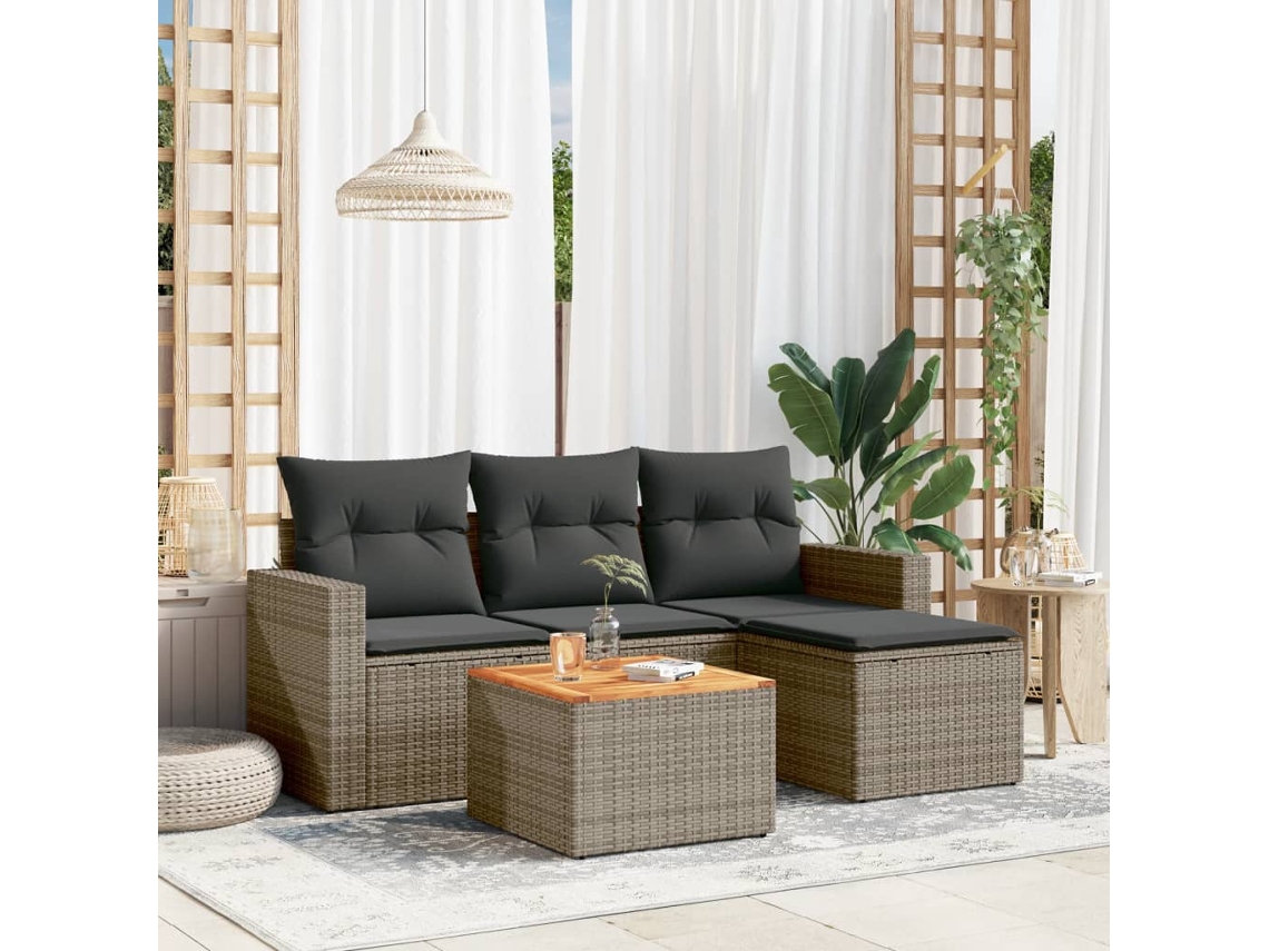 Vidaxl 5 Pcs Conjunto Sofás De Jardim C/ Almofadões Vime Pe Cinzento