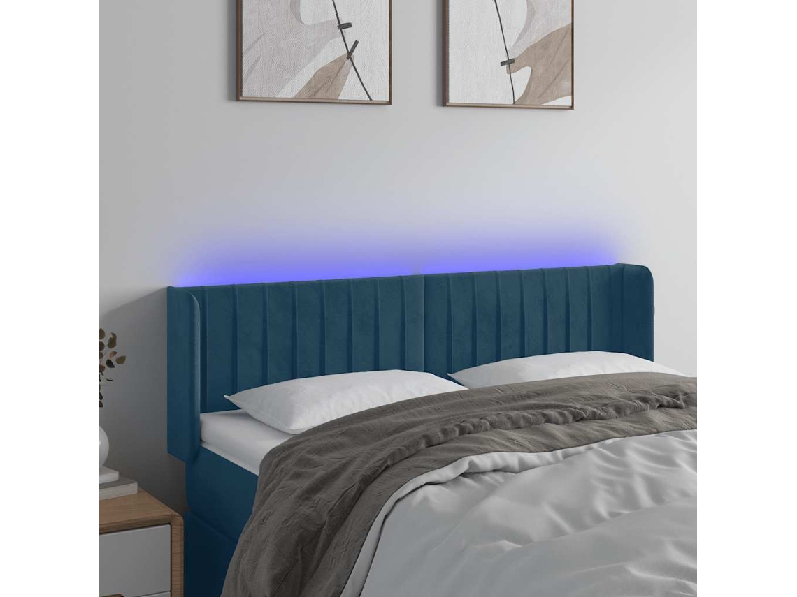 Vidaxl Cabeceira Cama C/ Luzes Led Veludo 147x16x78/88 Cm Azul-escuro