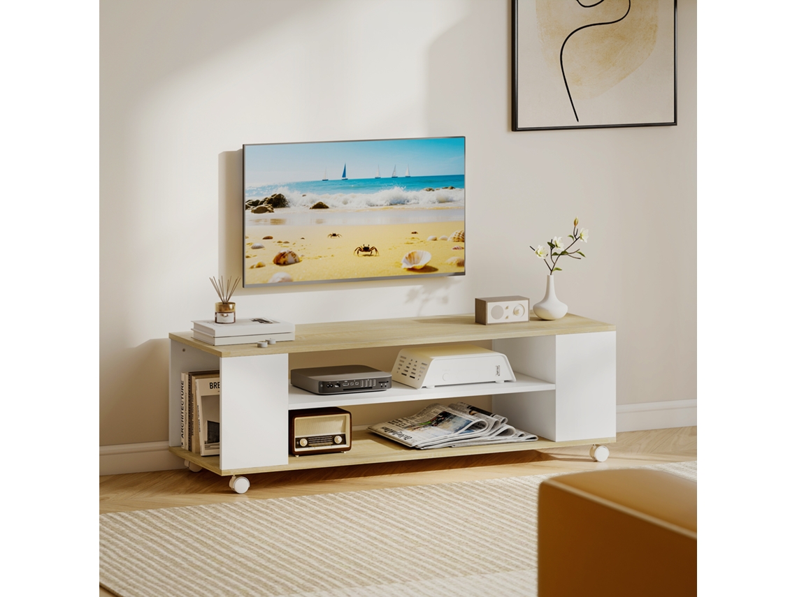 Móvel De Tv Com Rodas 120 Cm, Mobiliário Para Televisor Até 55 Polegadas, 2 Prateleiras Abertas, Branco E Natural