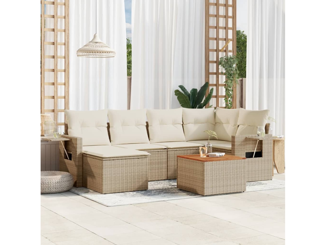 Vidaxl 7 Pcs Conjunto De Sofás P/ Jardim Com Almofadões Vime Pe Bege
