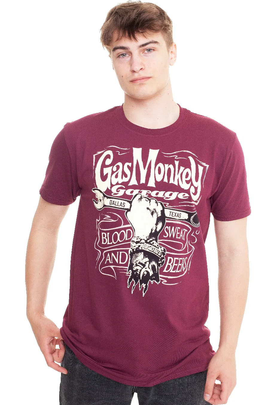 Size:s Rockinstone Gas Monkey Garage - Mechanics Spanner Maroon - T-shirt Unisex Adults