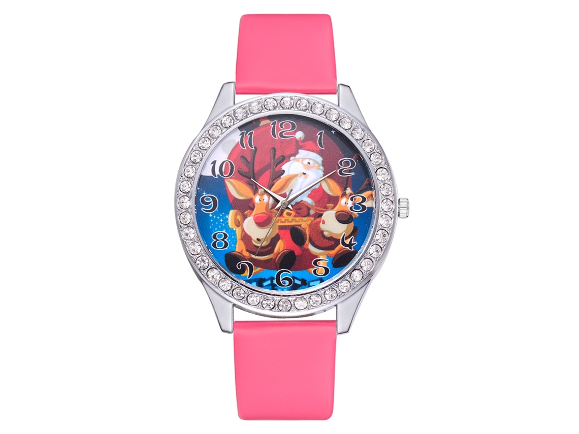 Relógio feminino de quartzo elegante com strass e pulseira de couro sintético (rosa e vermelho)