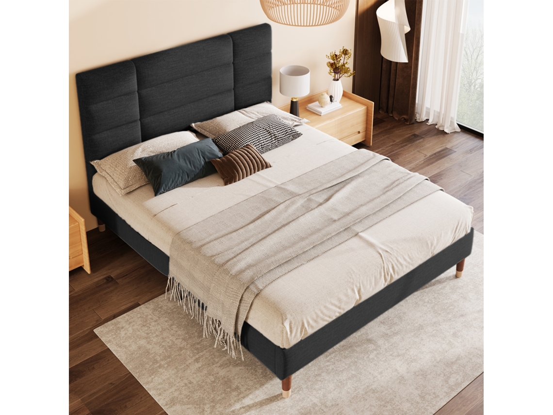 Cama de Casal 140x200 Cm, Cabeceira Estofada, Tecido de Linho Preto, Colchão Não Incluído VSOGA