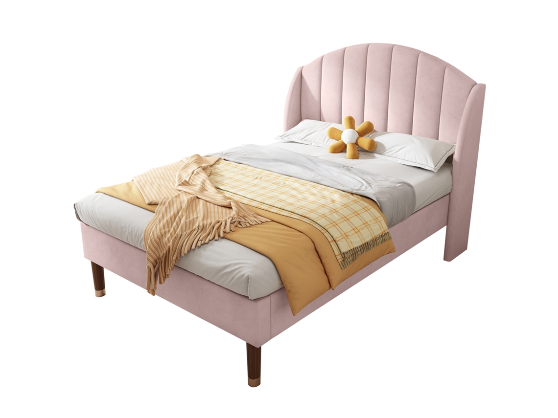 Cama Estofada rosa 90x200 com estrado de ripas e cabeceira, para quarto juvenil, fácil montagem, veludo PAPRIKA