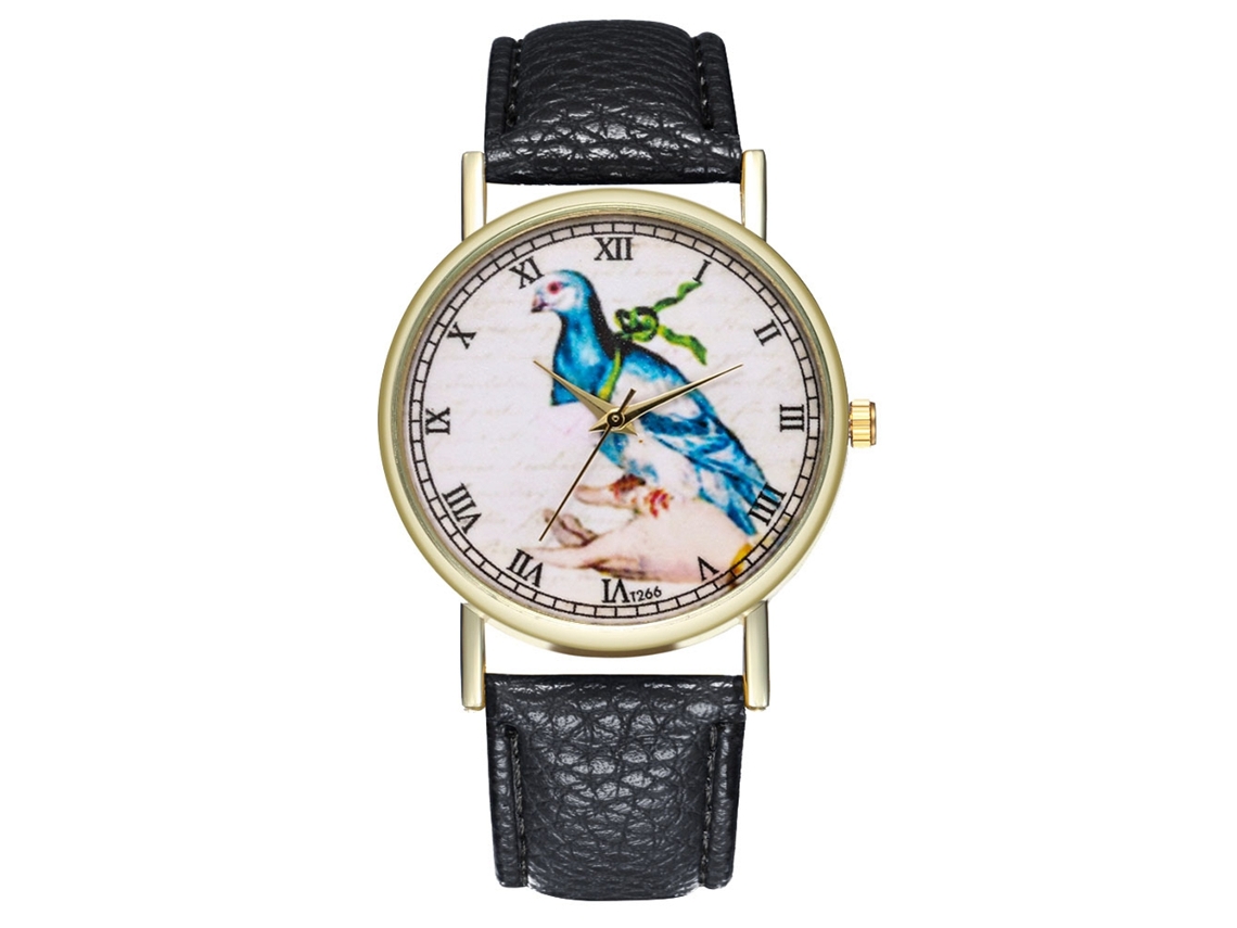 Relógio de Quartzo Feminino com Pulseira de Couro e Padrão Clássico de Pássaro Mensageiro (preto)