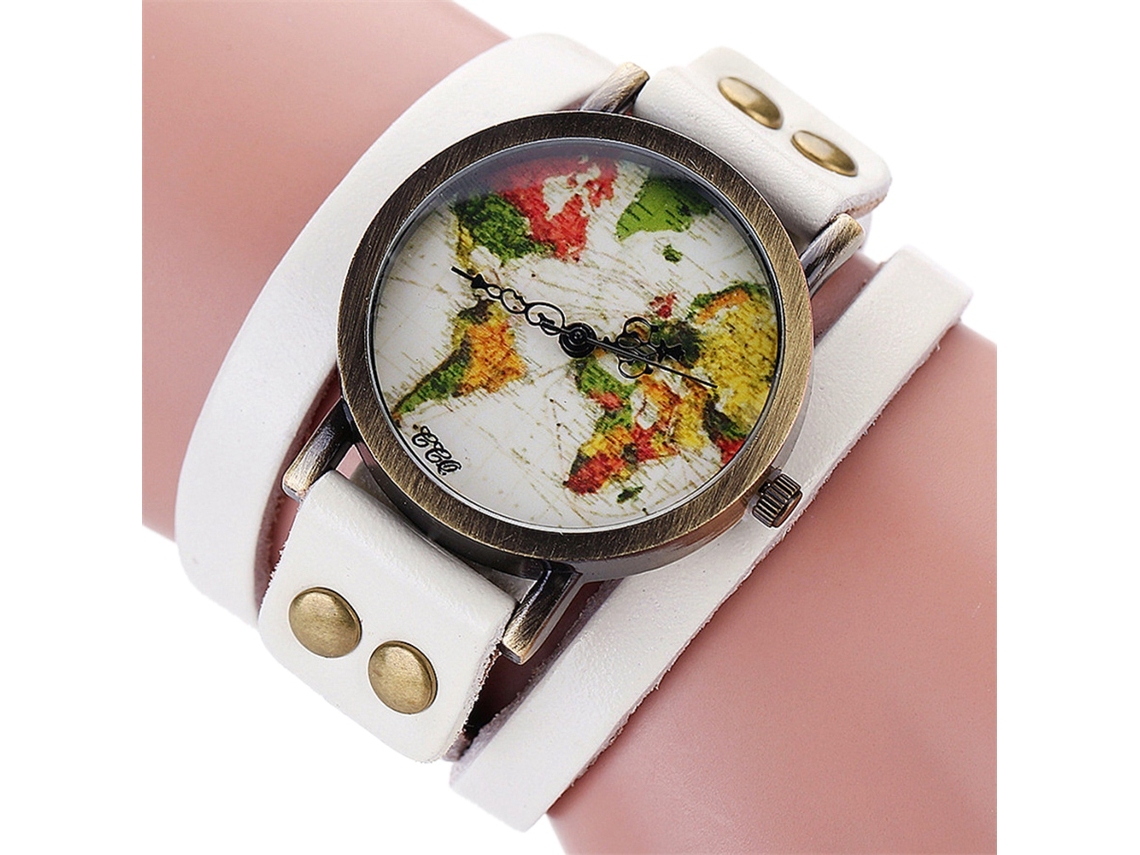 Relógio de Pulso Feminino Ccq Multicamada Mapa Retro Pulseira Pu Quartzo Branco