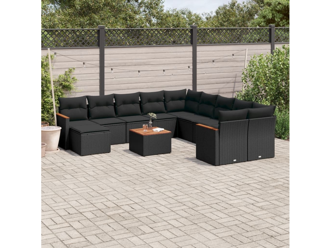 Vidaxl 12 Pcs Conjunto De Sofás De Jardim C/ Almofadões Vime Pe Preto