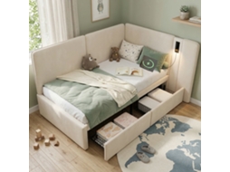Cama De Dia 90x200 Cm Com Gavetas Usb Lâmpada Leitura Veludo Bege