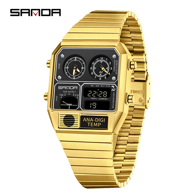 Relógio Digital Led Masculino para Atividades ao Ar Livre Mostrador Quadrado MDUG (dourado e Preto)