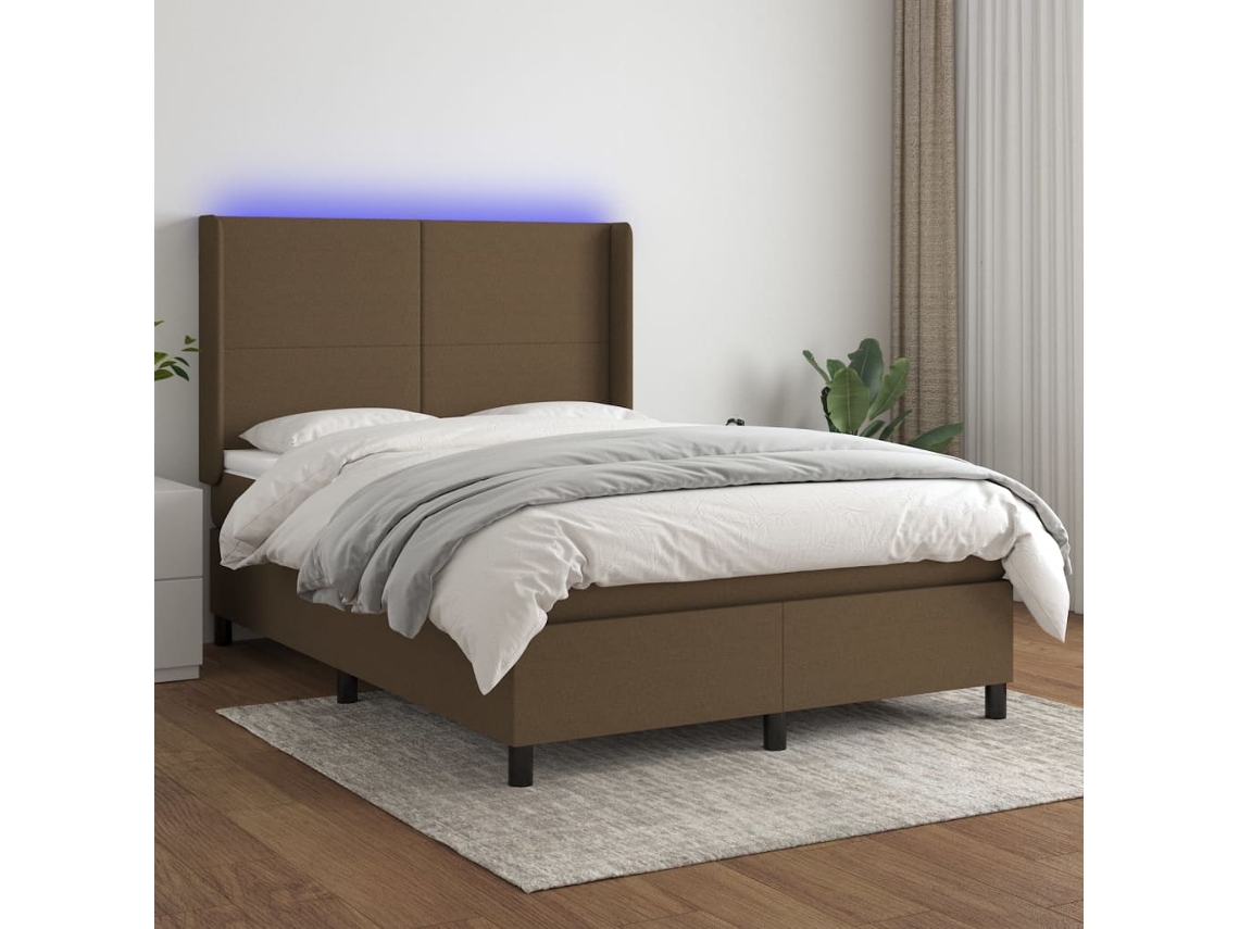 Vidaxl Cama Box Spring C/ Colchão/led 140x200cm Tecido Castanho-escuro