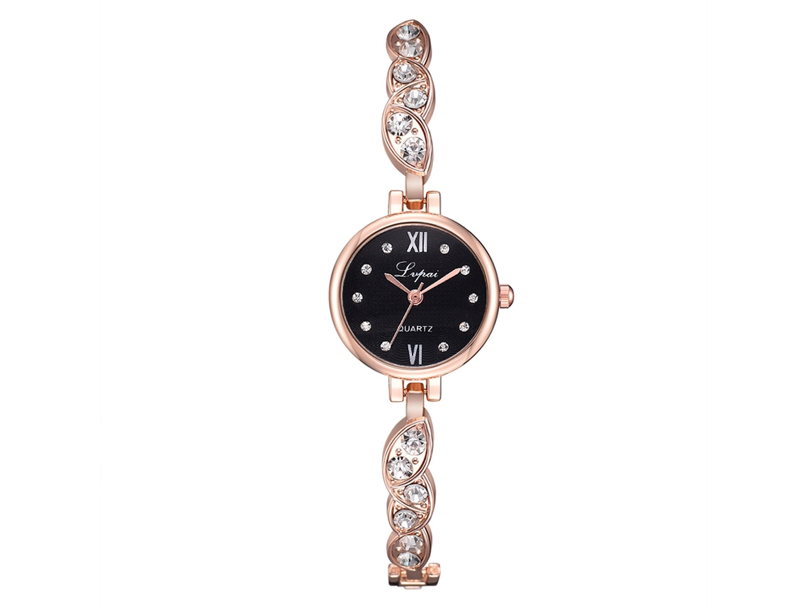 Relógio de Pulso Feminino de Quartzo com Pulseira de Liga Ajustável Rosa Ouro Preto
