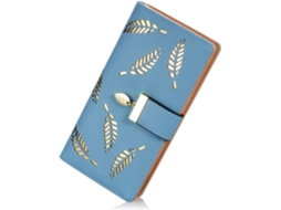 Carteira Mulher Longa Pu Com Fecho, Porta-moedas Folha Vazada, Porta-cartões Elegante Azul