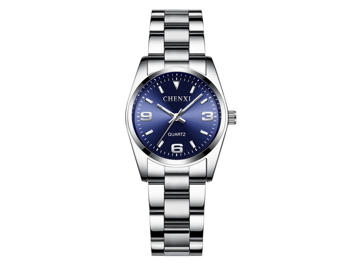 Relógio de casal feminino em aço inoxidável azul escuro com mostrador redondo, à prova d'água e luminoso.