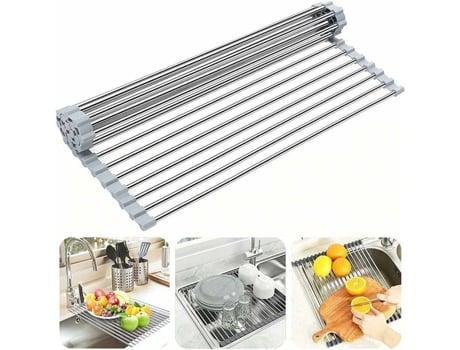 Escorredor de pratos enrolável, 100% livre de BPA, dobrável, ideal para frutas, vegetais e pratos, feito de aço inoxidável com revestimento de silicone.