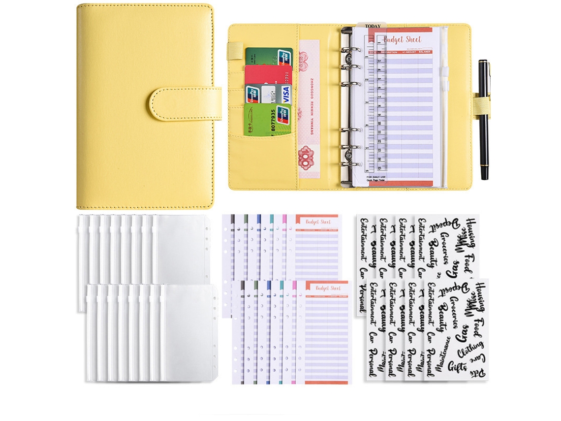 A6 Pu Leather Ring Binder Journal With Zipper Pouch, Macaron Cash Budget Planner, Standard Gift Set Yellow 12-budget