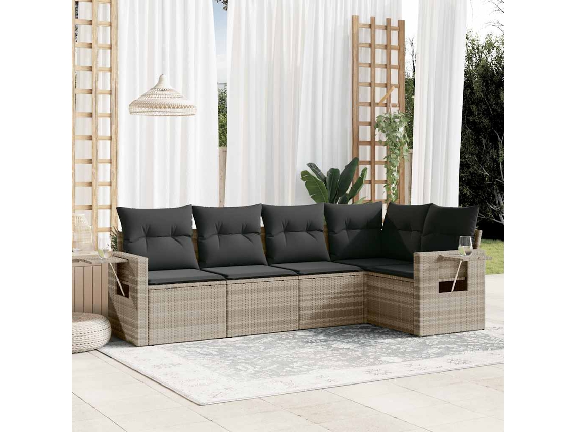 Vidaxl 5 Pcs Conj. Sofás Jardim C/ Almofadões Vime Pe Cinzento-claro