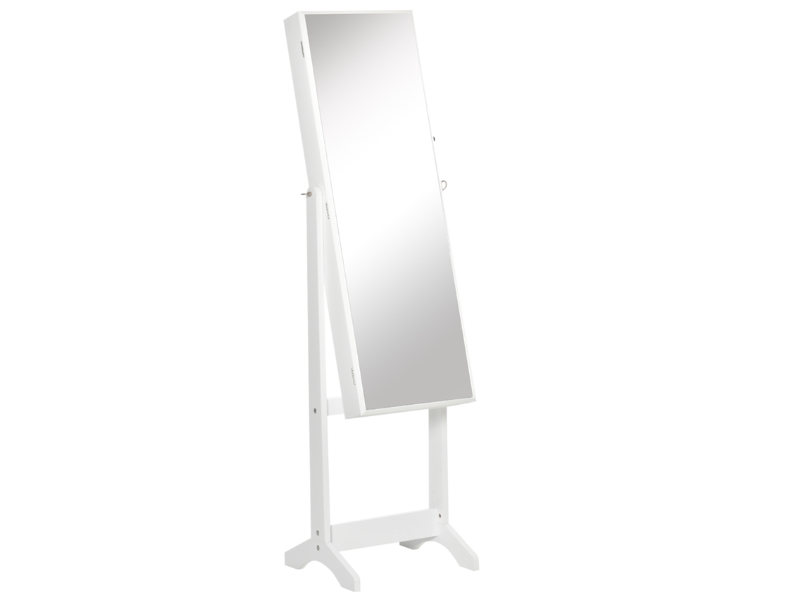 Espelho Joalheiro De Pé Com Ângulos Ajustáveis Fechadura Magnética Organizador De Joias Com Prateleiras 46x36,5x151,5cm Branco