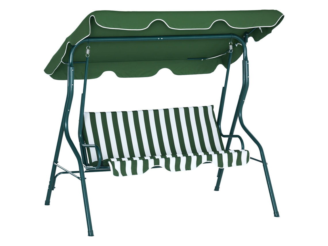 Balancim 3 lugares com toldo ajustável e almofadas, aço e poliéster 170x110x153 Cm verde e branco BTFORUS