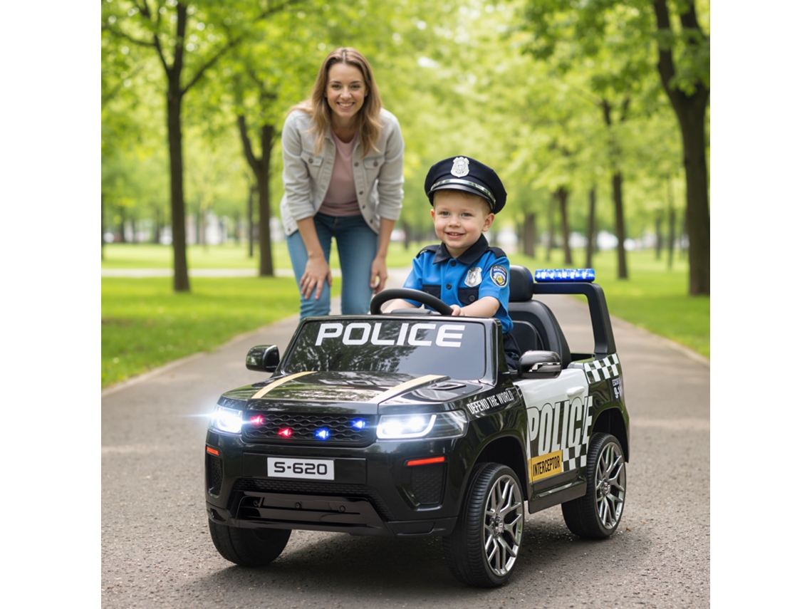 Carro Infantil Polícia Elétrico 12v - Motor Duplo, Suspensão 4 Rodas, Sirene, Faróis Led, Usb, Bluetooth E Música - Preto