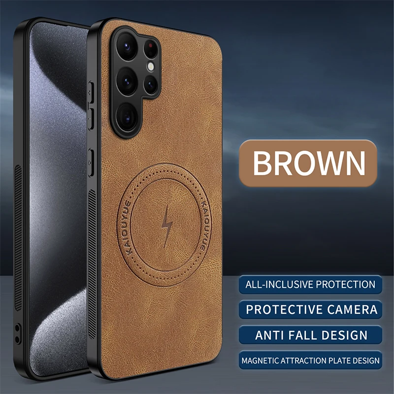 Capa Protetora Magnética Em Couro Genuíno (café Para Galaxy S26 Ultra), Acabamento Fosco, Resistente A Impactos.