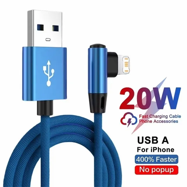 Cabo De Dados Usb De Carregamento Rápido Em Ângulo Reto (azul, 0,25 M) Para Iphone, Com Design Trançado E Curvado.