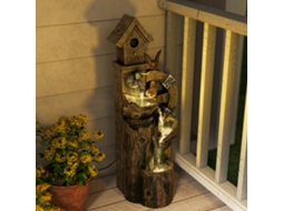 Fonte Jardim de 2 em 1 com Casa para Pássaros Fonte de Água com Luzes Led Bomba Fonte Decorativa com Troncos de Árvore Multicor