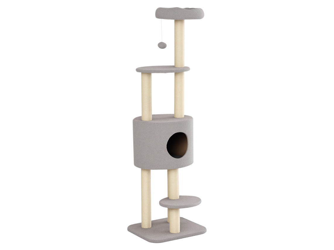 Árvore Para Gatos Com Poste Para Arranhar, Árvore De Escalada Para Gatos Com Toca E Plataformas, Pelúcia De Alta Densidade, 148 Cm De Altura, Cinza