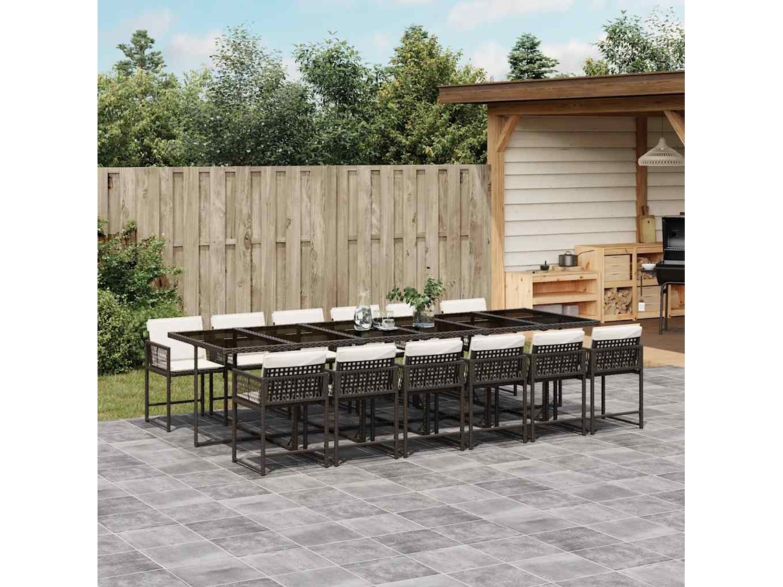 Vidaxl 13 Pcs Conjunto Jantar P/ Jardim C/ Almofadões Vime Pe Castanho