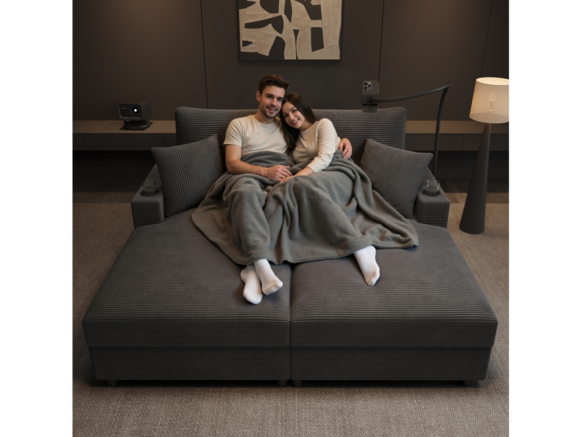 Sofá Cama Xxl Função De Cama, Superfície Almofadada, Porta Celular, Usb E Porta Copos Cinza Mobrio