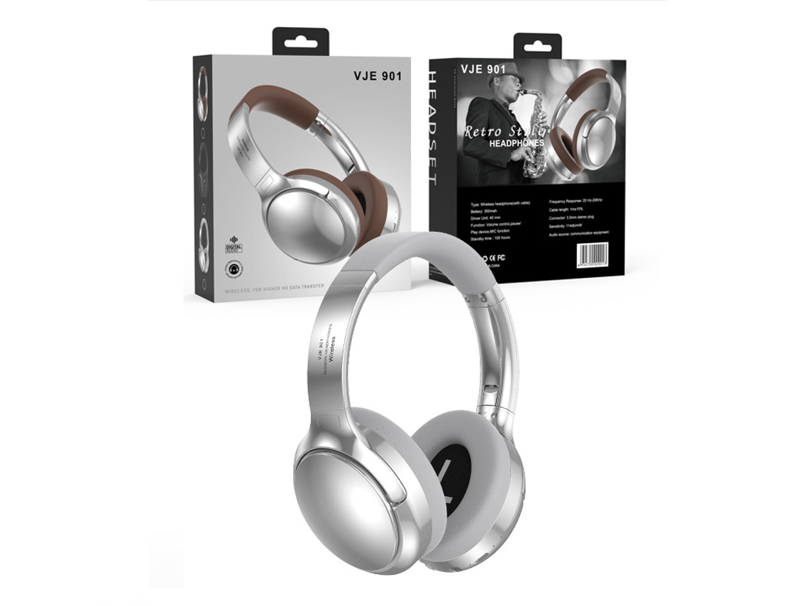 Fones De Ouvido Bluetooth Vje901 Retro Metal Over Ear, Esportivos Sem Fio, Prata Premium Ushion