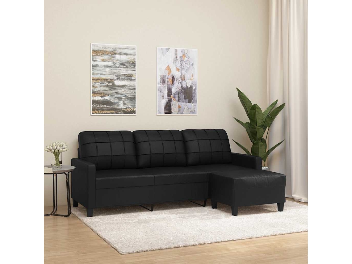 Vidaxl Sofá De 3 Lugares C/ Apoio De Pés 180 Cm Couro Artificial Preto