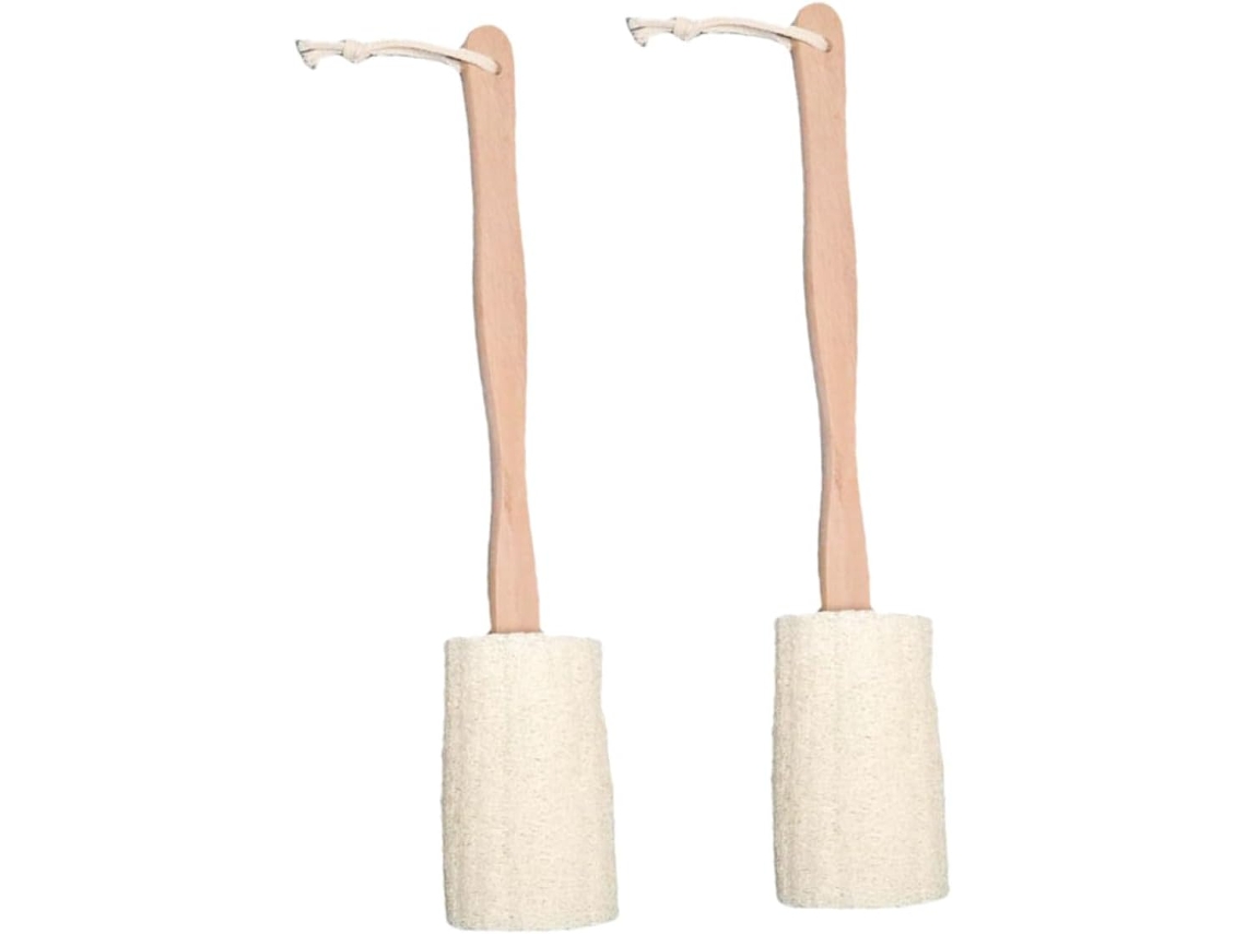 Escova De Banho Esfoliante Solustre Com Cabo Longo E Madeira, Conjunto De 2 Peças, Esponja De Bucha Natural Para