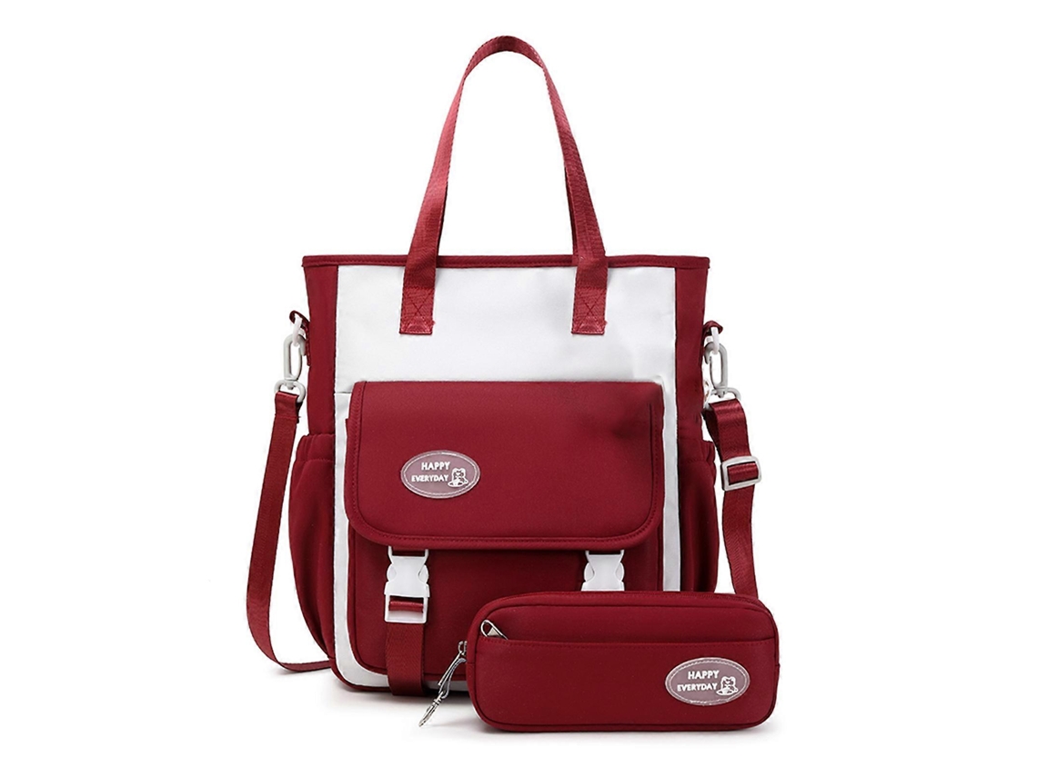 Mochila Escolar Feminina Para Alunas Do Ensino Fundamental, Versátil, Para Volta Às Aulas, Bolsa De Ombro, Estojo, Bolsa De Mão, Vermelha.