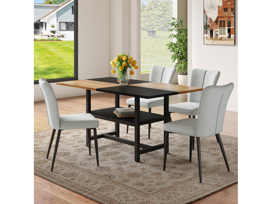 Conjunto Mesa Retangular 160cm, 4cadeiras Pu Cinza+metal Preto, Armazenamento, Sala/cozinha-qq